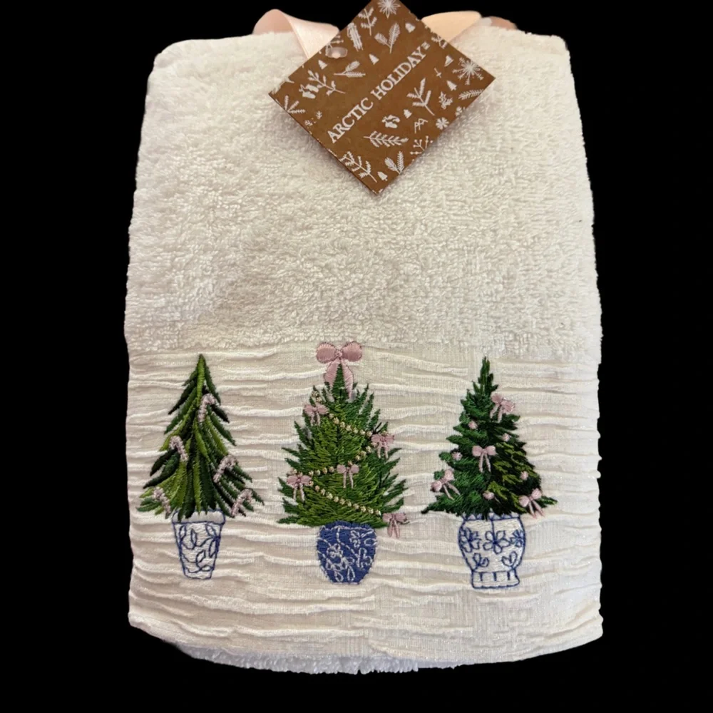 Christmas Potted Tree White Embroidered Hand Towel